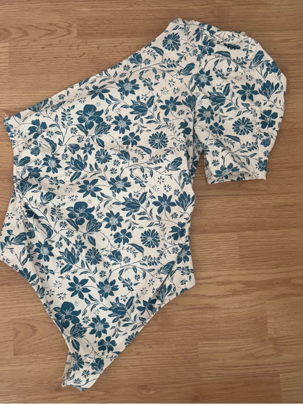 Free People Floral One-Shoulder Bodysuit in Teal and Cream